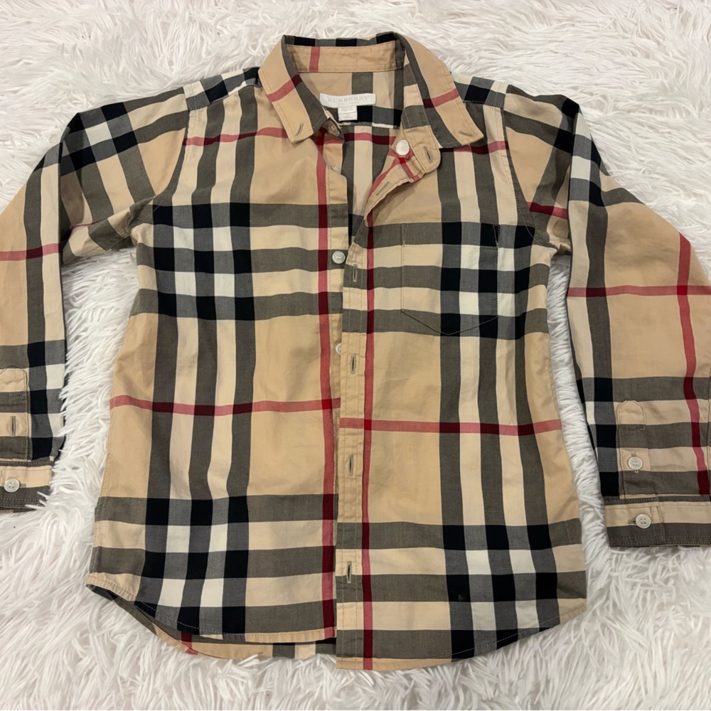 Burberry Kids Plaid Shirt in Beige, Black, and Red size 7